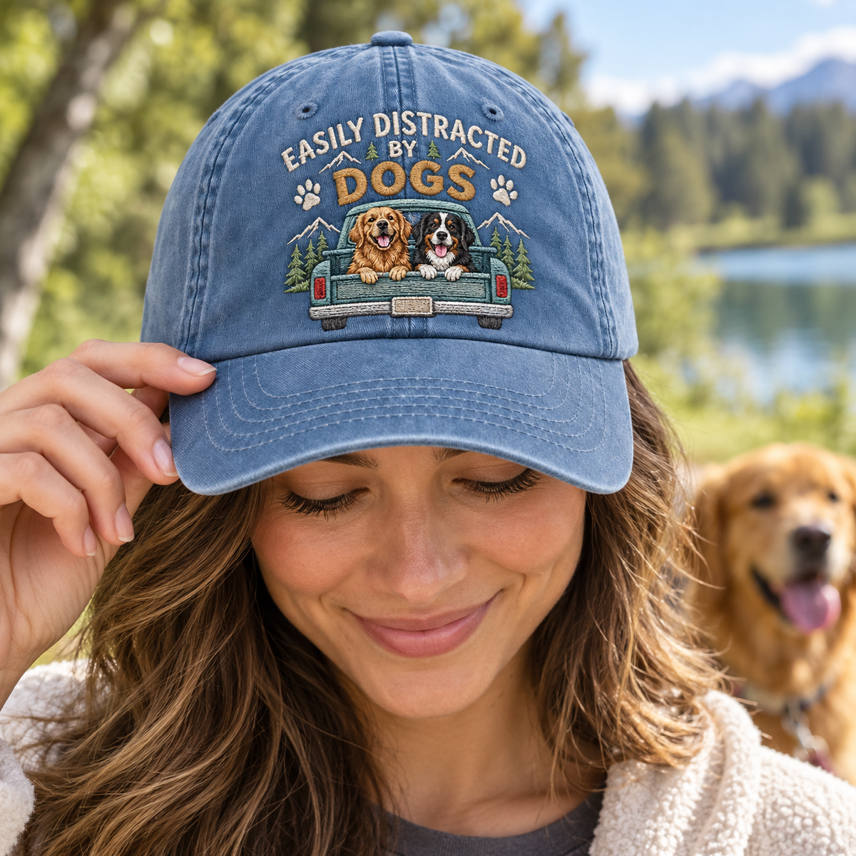 Easily Distracted By Dogs Embroidered Vintage Baseball Cap