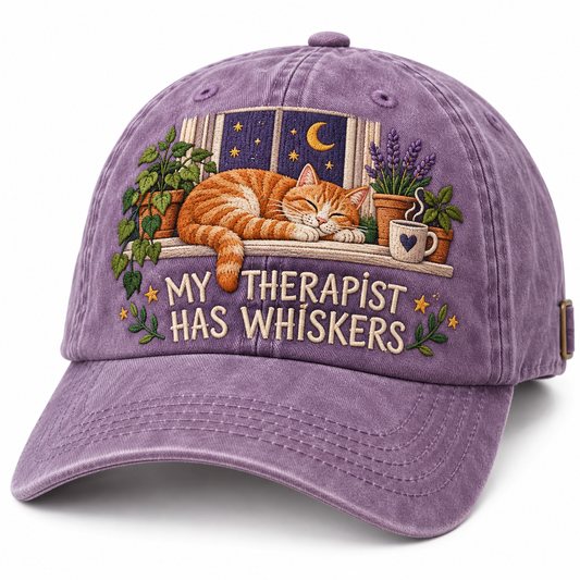My Therapist Has Whiskers Embroidered Vintage Baseball Cap – Cat Lover Hat