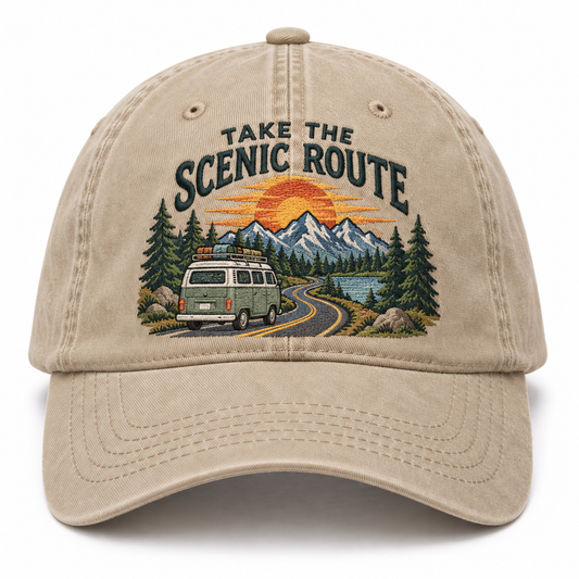 Scenic Route Embroidered Vintage Baseball Cap – Road Trip Adventure Hat