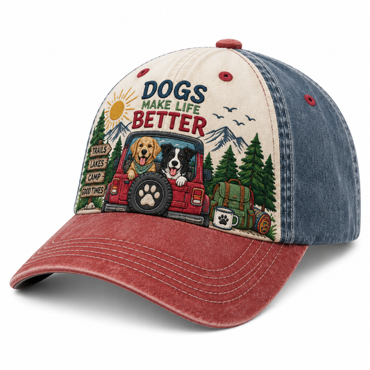 Dogs Make Life Better Embroidered Vintage Baseball Cap – Outdoor Dog Lover Hat