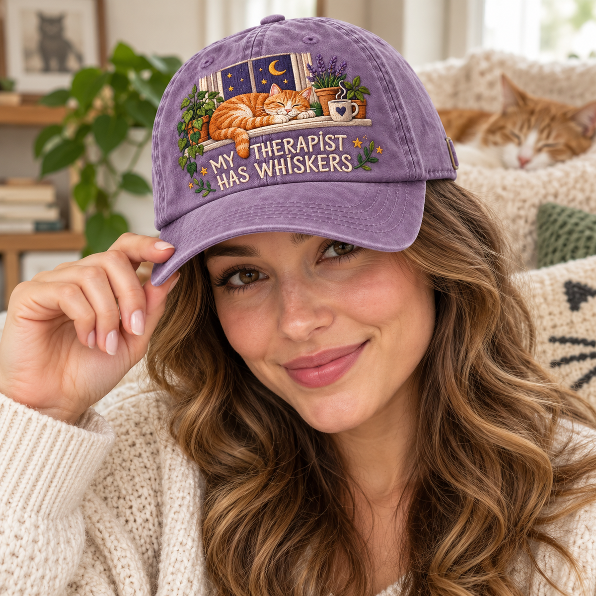 My Therapist Has Whiskers Embroidered Vintage Baseball Cap – Cat Lover Hat